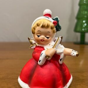 Vintage Napco Christmas Angel Figurine in Red Dress Playing Violin #1